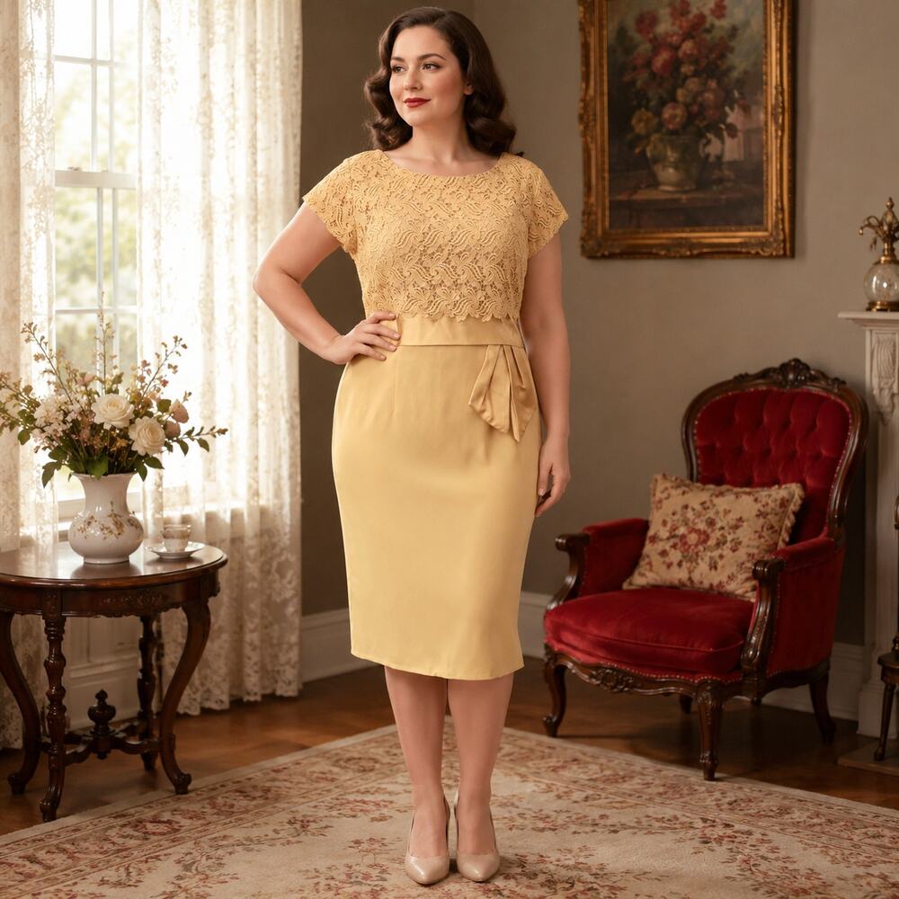 60s Renmor Gold Lace Wiggle Cocktail Dress Satin Waist Wedding Guest - L